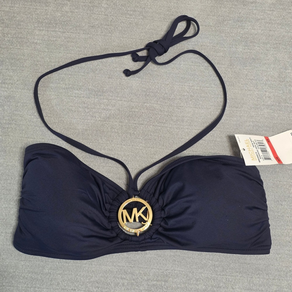 Michael Kors Bandeau Bikini Top Womens XS Navy Blue MM5B887S MK Logo Gold Ring